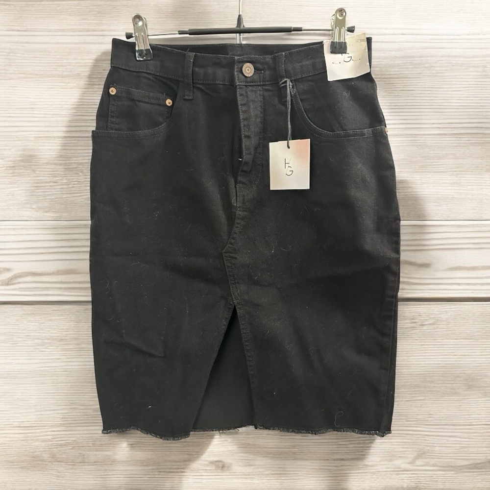 NWT Happily Grey boho black denim midi skirt with front mini V Juniors size 5/26